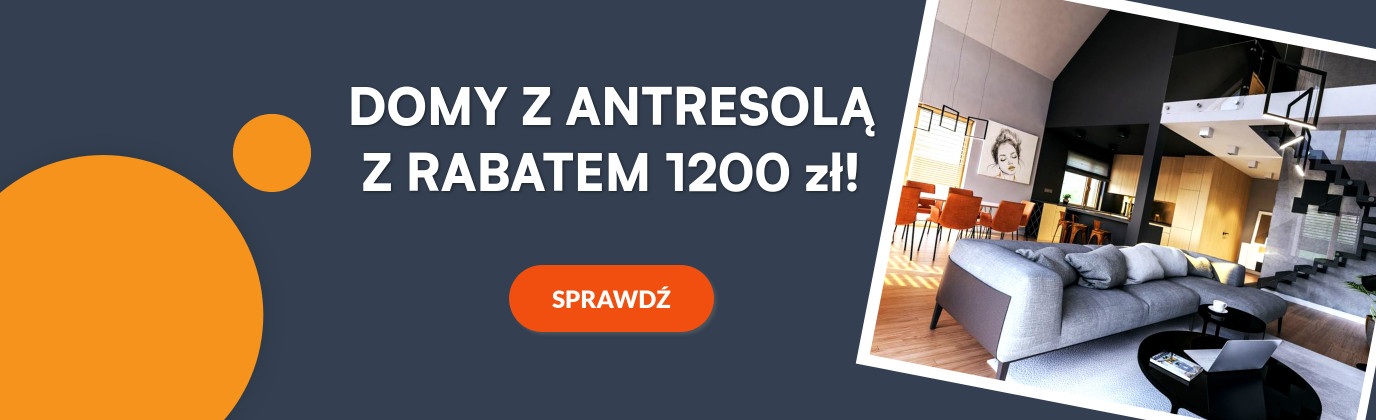 Grafika promocyjna przedstawiająca wnętrze domu z antresolą i schodami, informująca o rabacie 1200 zł na projekty domów