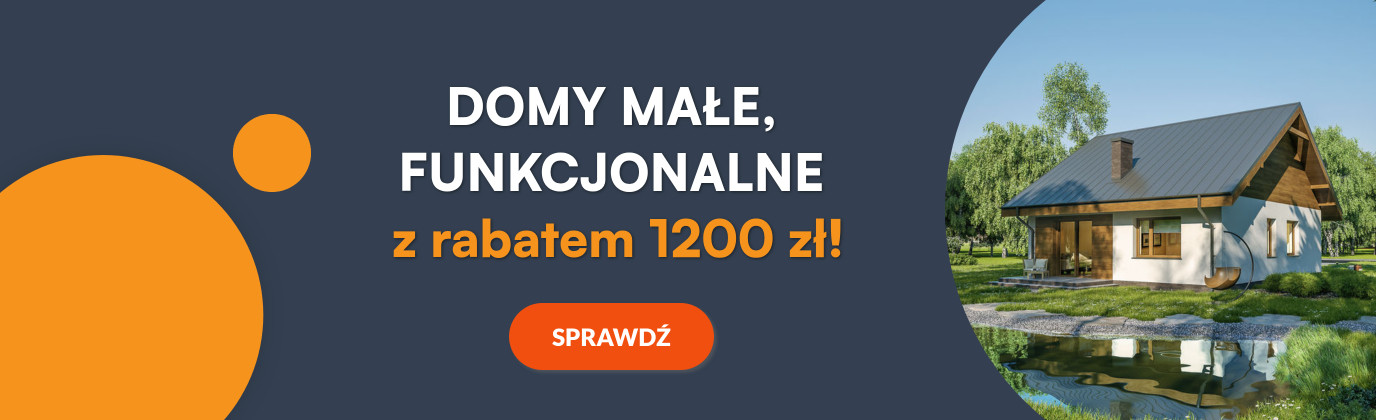 Baner reklamowy prezentujący małe, funkcjonalne projekty domów z rabatem 1200 zł – nowoczesny dom jednorodzinny w atrakcyjnej ce