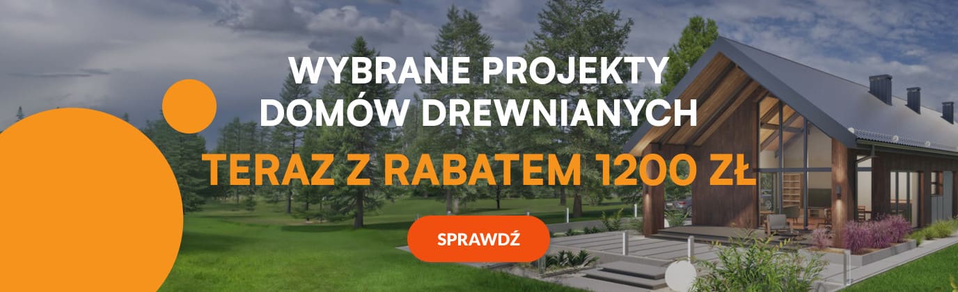 Nowoczesny dom drewniany położony na tle zielonego krajobrazu z drzewami i trawnikiem.