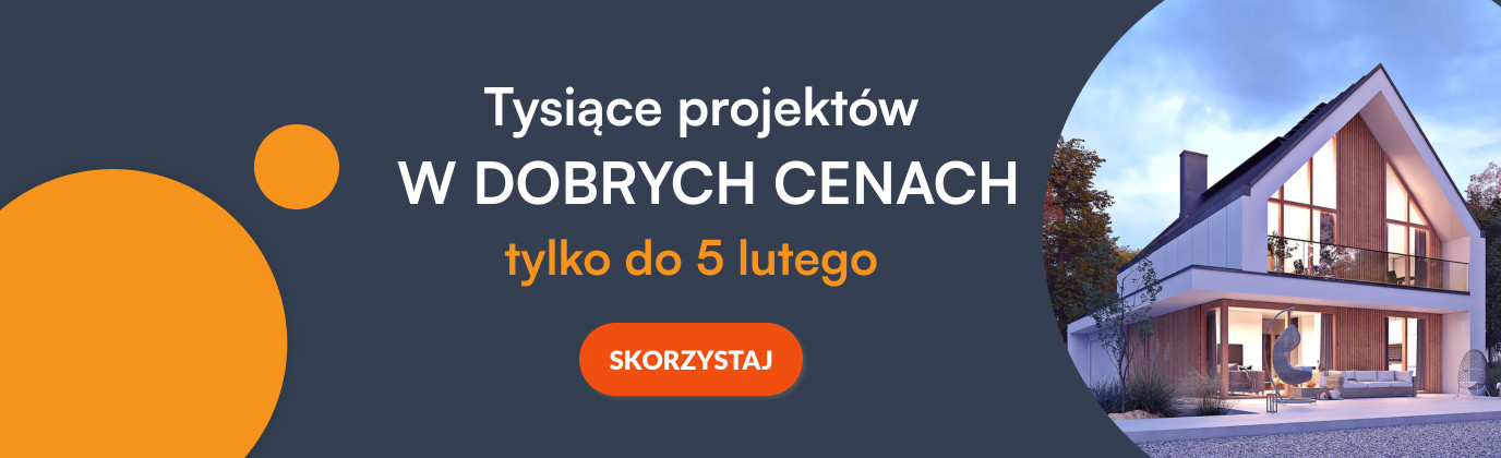 Grafika promocyjna przedstawiająca nowoczesny dom jednorodzinny oraz informację o tysiącach projektów domów w dobrych cenach.