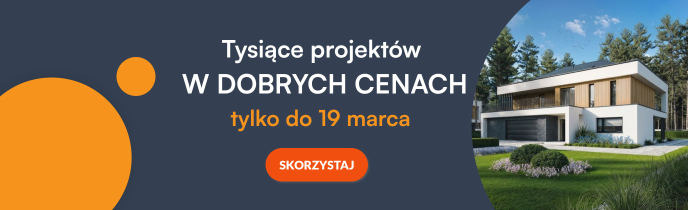 Baner promocyjny z nowoczesnym domem jednorodzinnym i informacją o tysiącach projektów domów w dobrych cenach.