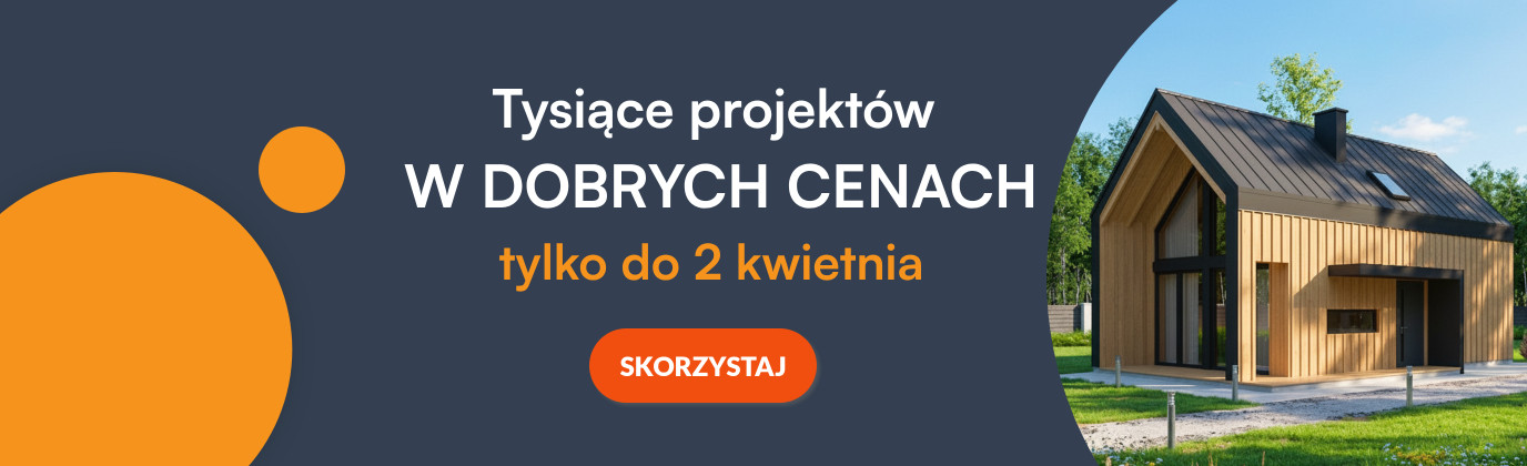 Baner promocyjny z nowoczesnym domem jednorodzinnym oraz ofertą projektów domów w dobrych cenach – promocja ważna do 2 kwietnia.