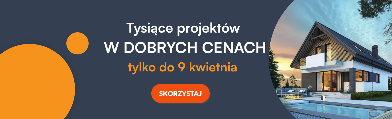 Baner promocyjny z nowoczesnym domem jednorodzinnym oraz ofertą projektów domów w dobrych cenach – promocja ważna do 9 kwietnia.