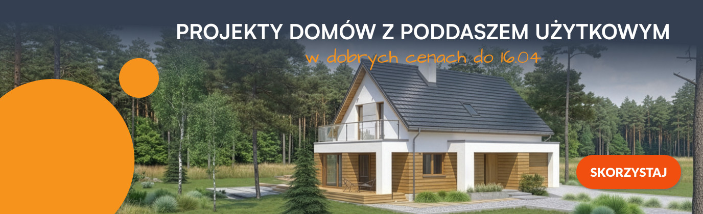 Baner promocyjny z nowoczesnym domem z poddaszem użytkowym oraz ofertą projektów domów w dobrych cenach