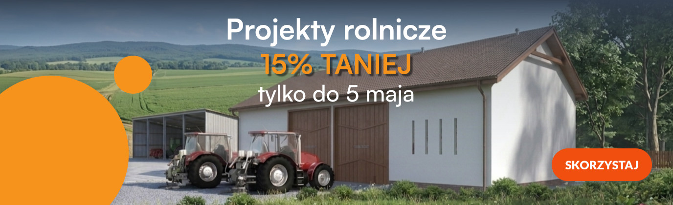 Baner promocyjny z budynkiem gospodarczym i maszynami rolniczymi, przedstawiający ofertę projektów rolniczych 15% taniej