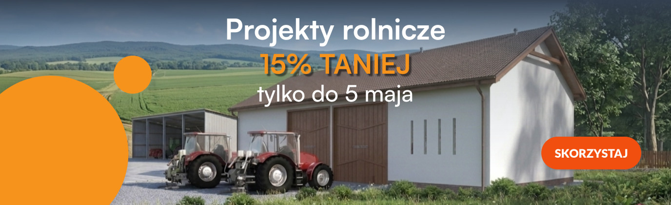 Baner promocyjny z budynkiem gospodarczym i maszynami rolniczymi, przedstawiający ofertę projektów rolniczych 15% taniej