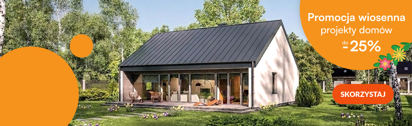 Nowoczesny dom jednorodzinny wśród zieleni z dużymi przeszkleniami i tarasem – grafika promująca wiosenną promocję