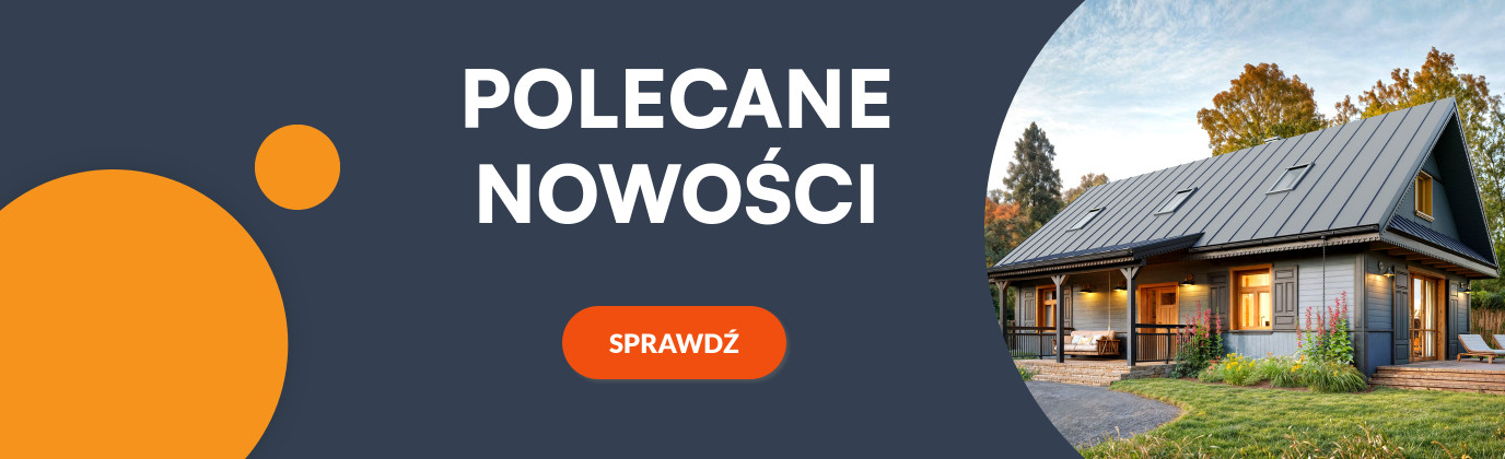 Nowoczesny dom z poddaszem położony w otoczeniu zieleni. Po lewej stronie znajduje się ciemne tło z pomarańczowymi okręgami i na