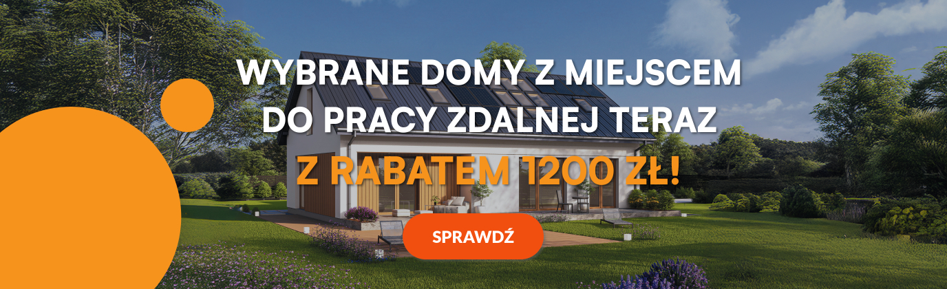nowoczesny dom z poddaszem i dużymi oknami, stojący na tle zieleni i nieba. Po lewej stronie umieszczono pomarańczowy okrąg oraz