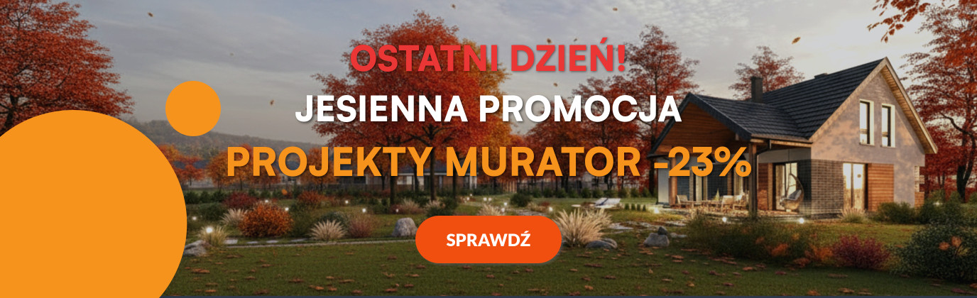 Jesienny krajobraz z domem i informacją o promocji "JESIENNA PROMOCJA PROJEKTY MURATOR -23%".