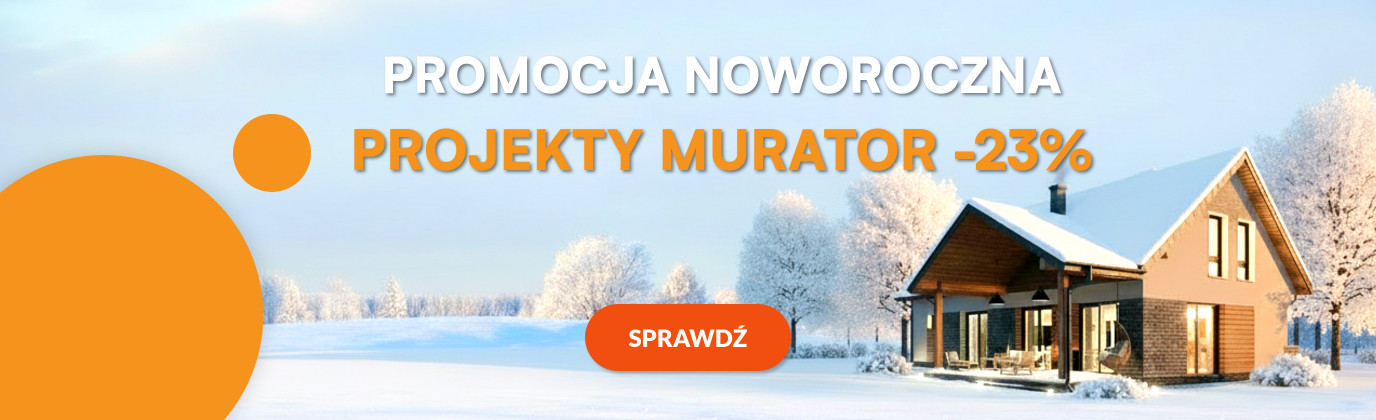 Grafika promocyjna z zimowym krajobrazem i nowoczesnym domem, informująca o noworocznej promocji na projekty Murator z rabatem