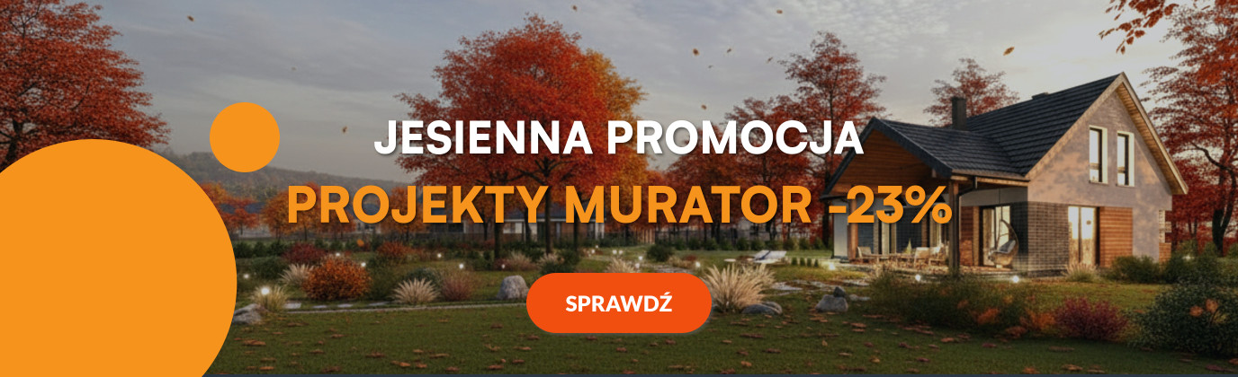 Jesienny krajobraz z domem i informacją o promocji "JESIENNA PROMOCJA PROJEKTY MURATOR -23%".