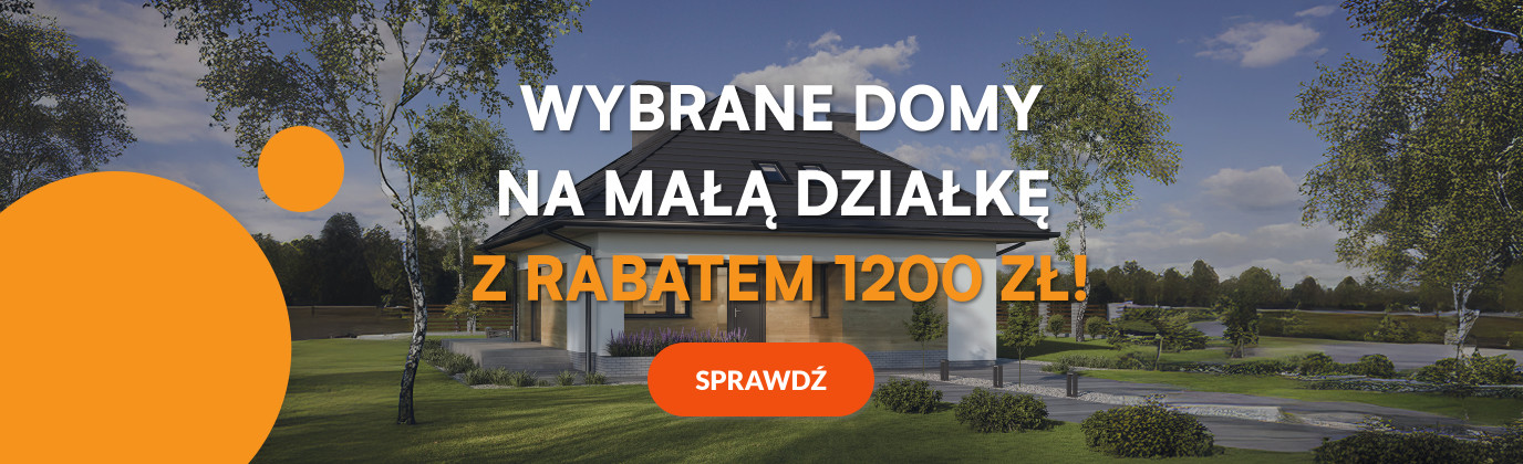 Grafika z nowoczesnym domem rozwojowym w słonecznym dniu i informacją o rabacie 1200 zł na wybrane projekty.