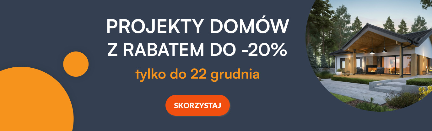 Grafika promocyjna przedstawiająca nowoczesny dom w otoczeniu zieleni oraz informację o rabacie do 20% na projekty domów