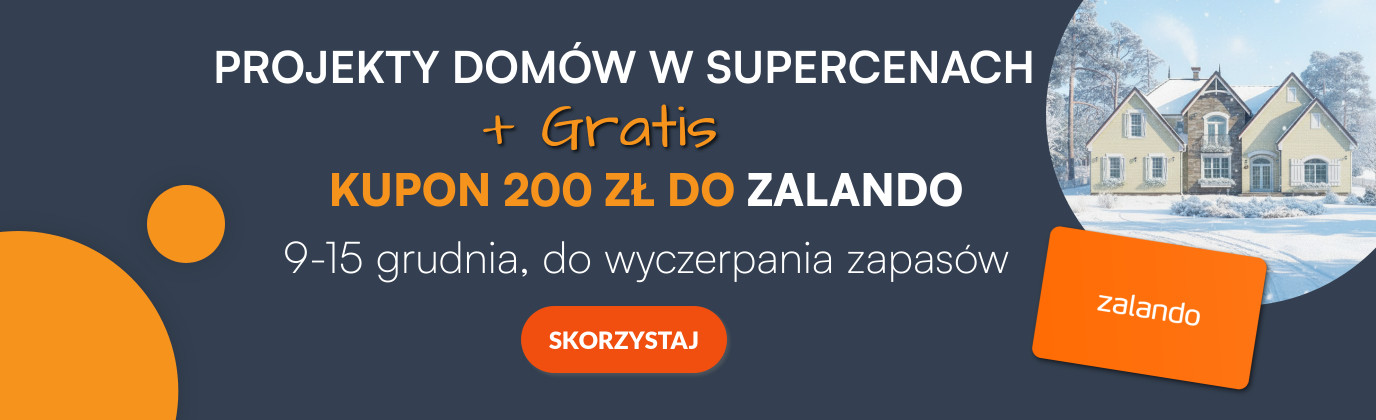 Zimowa grafika z eleganckim domem w ośnieżonym otoczeniu, informacją o promocji na projekty domów oraz kuponem 200 zł do Zalando