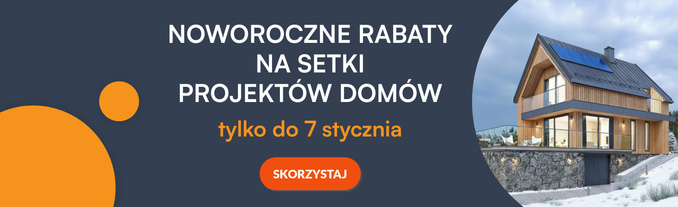Grafika promocyjna z informacją o noworocznych rabatach na projekty domów do 7 stycznia, z przyciskiem „Skorzystaj”