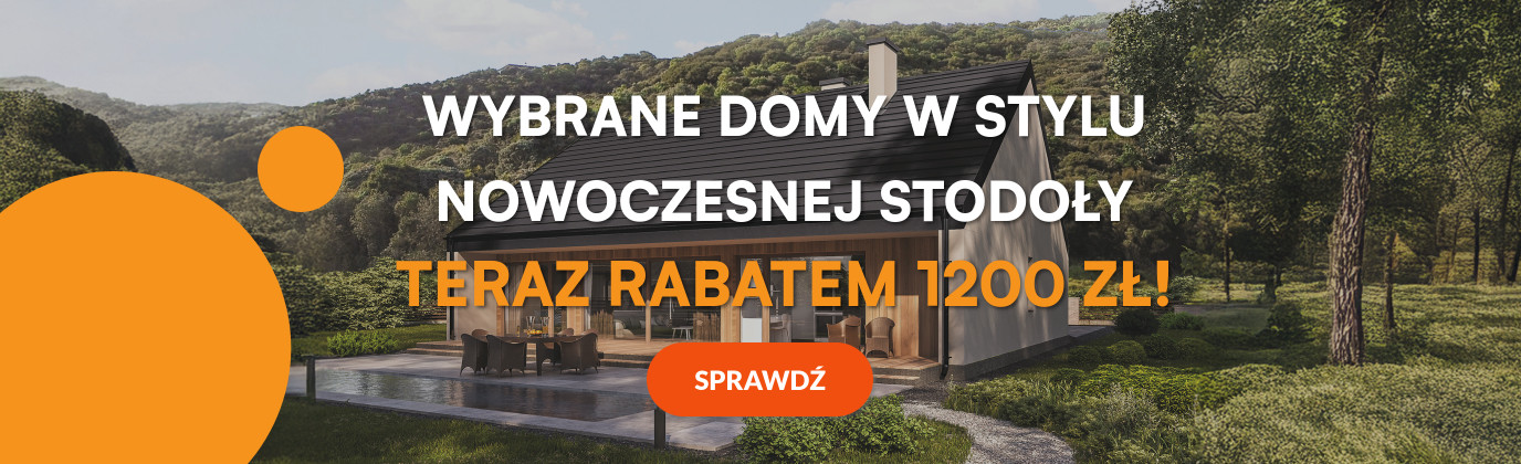 Nowoczesny dom w stylu stodoły, położony na tle zielonych wzgórz i drzew. Po lewej stronie widoczny jest duży pomarańczowy okrąg