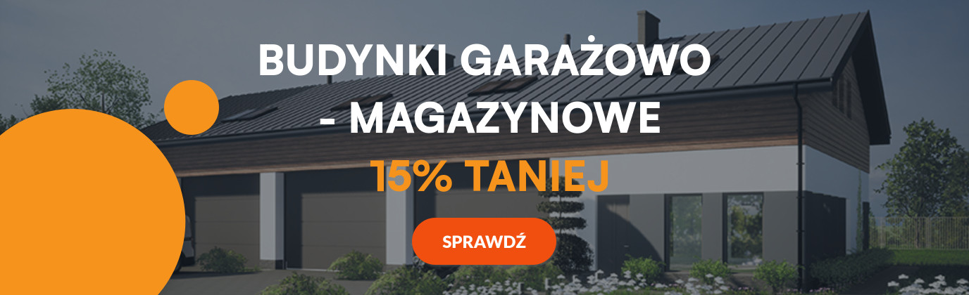 Nowoczesny budynek garażowo-magazynowy z dwuspadowym dachem. Po lewej stronie umieszczono duży pomarańczowy okrąg oraz tekst rek