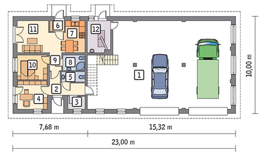 Budynek garażowo-magazynowy z częścią mieszkalną, pomocniczą i antresolą gospodarczą GMC57a