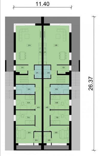 Projekt domu Ka101 P (podpiwniczony, dwulokalowy / bliźniak)