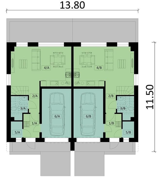 Projekt domu Ka154 (dwulokalowy / bliźniak)