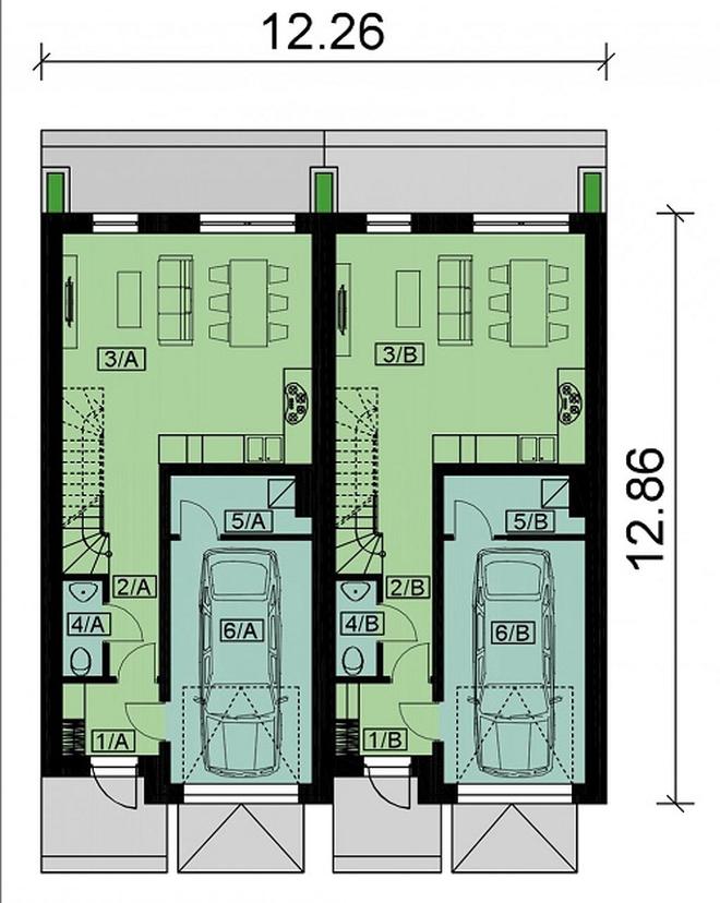 Projekt domu Ka216 (dwulokalowy / bliźniak)