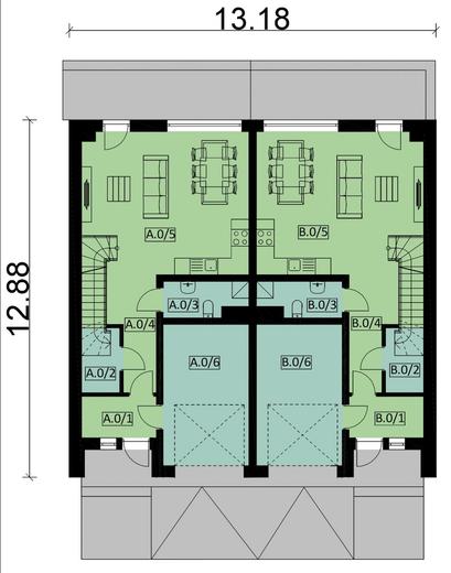 Projekt domu Ka104  (dwulokalowy / bliźniak)