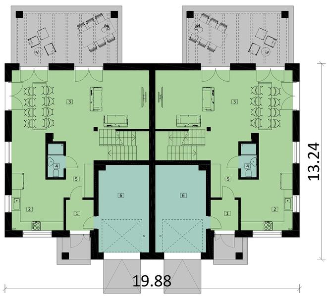 Projekt domu Ka60 P (podpiwniczony, dwulokalowy / bliźniak)