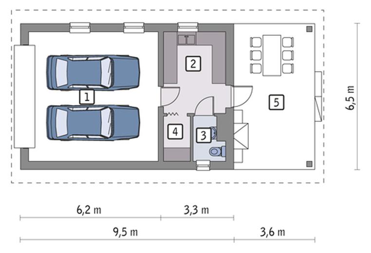 Garaż z pomieszczeniem gospodarczym i wiatą rekreacyjną G15d