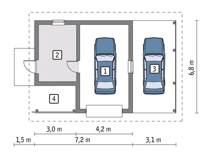 Garaż z pomieszczeniem gospodarczym i wiatą garażową G57a