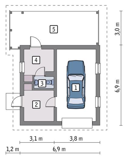 Garaż z pomieszczeniem gospodarczym i wiatą rekreacyjną G58