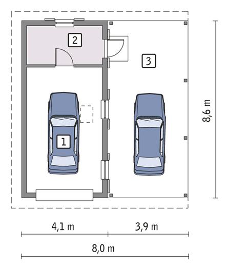 Garaż z pomieszczeniem gospodarczym, schowkiem i wiatą garażową GC22a