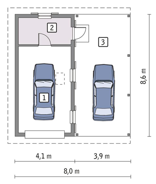 Garaż z pomieszczeniem gospodarczym, schowkiem i wiatą garażową GC22a