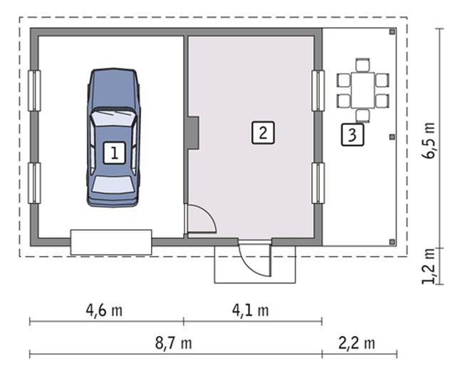 Garaż z pomieszczeniem gospodarczym i wiatą rekreacyjną GC33a