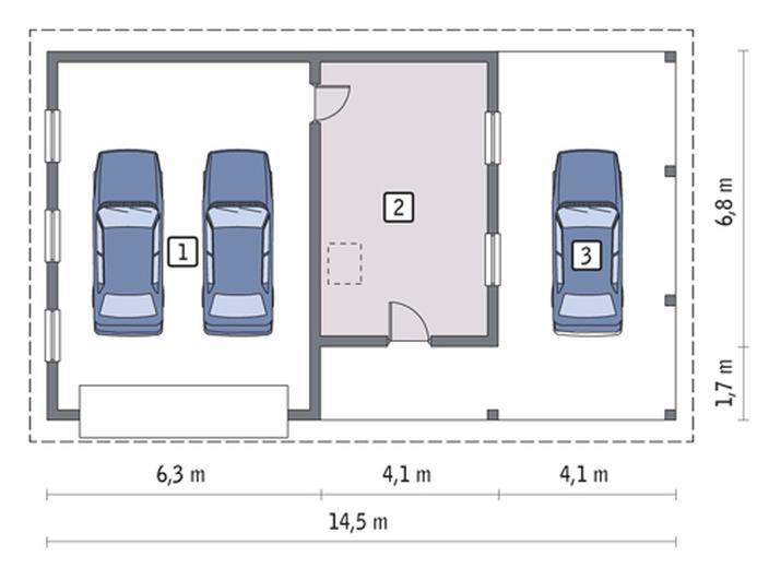 Garaż z pomieszczeniem gospodarczym, schowkiem i wiatą garażową GC37
