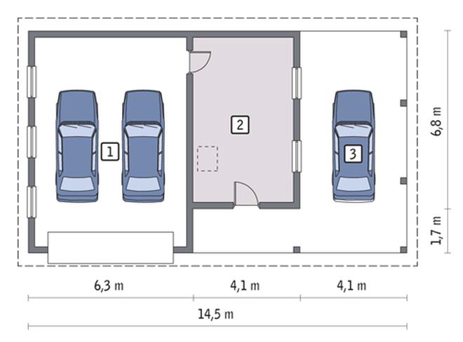 Garaż z pomieszczeniem gospodarczym, schowkiem i wiatą garażową GC37