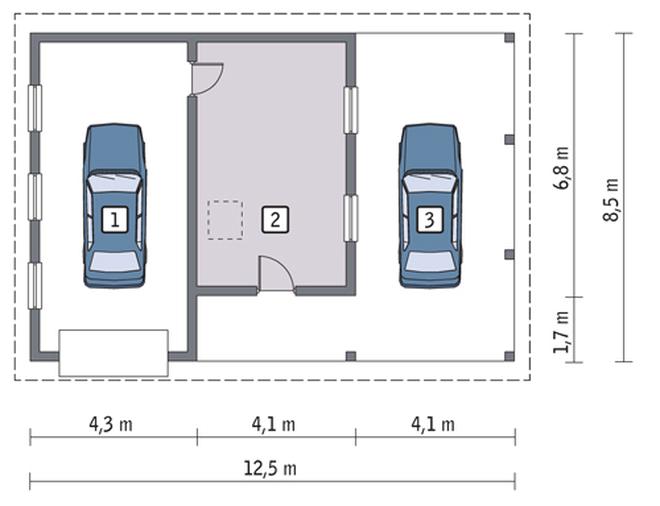 Garaż z pomieszczeniem gospodarczym, schowkiem i wiatą garażową GC37a