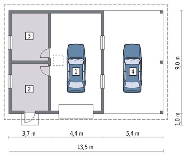 Garaż z pomieszczeniem gospodarczym, schowkiem i wiatą garażową GC38