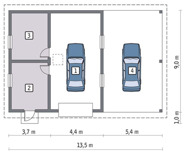 Garaż z pomieszczeniem gospodarczym, schowkiem i wiatą garażową GC38