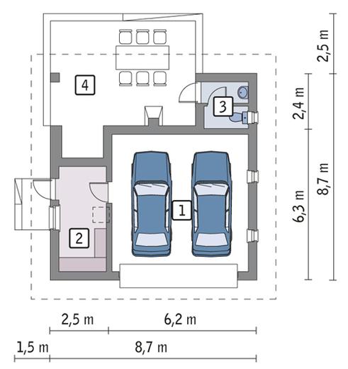Garaż z pomieszczeniem gospodarczym i wiatą rekreacyjną GC56