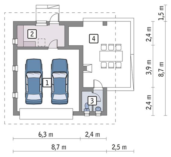 Garaż z pomieszczeniem gospodarczym i wiatą rekreacyjną GC56a