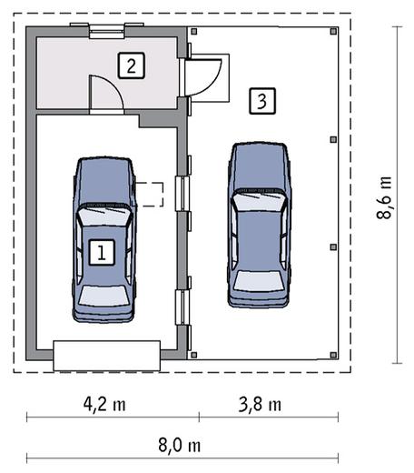 Garaż z pomieszczeniem gospodarczym, schowkiem i wiatą garażową GC94