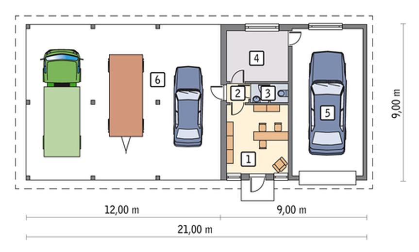 Budynek garażowo-magazynowy z wiatą i pom. pomocniczymi GMC35