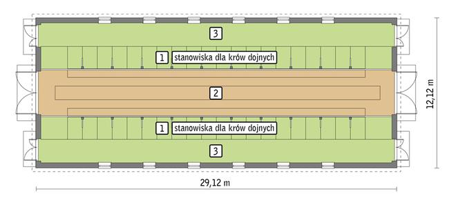 Obora dla 39 krów mlecznych, uwięziowa,  (stanowiskowa) na płytkiej ściółce O03