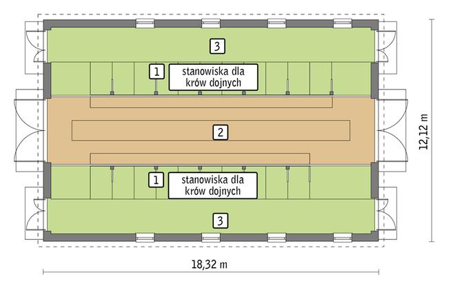 Obora dla 21 krów mlecznych, uwięziowa (stanowiskowa), na płytkiej ściółce O04 