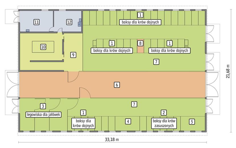 Obora dla 43 krów mlecznych, wolnostanowiskowa (boksowa), na płytkiej ściółce OC01