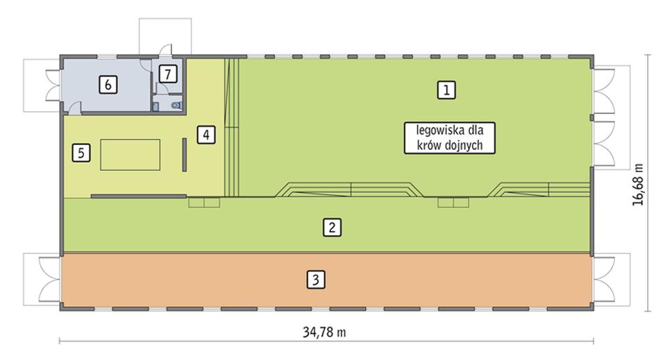 Obora dla 38 krów mlecznych, wolnostanowiskowa (grupowa), na głębokiej ściółce OC02