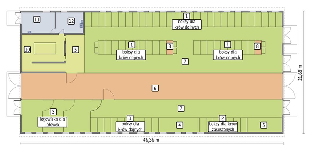 Obora dla 66 krów mlecznych, wolnostanowiskowa, na płytkiej ściółce OC04 