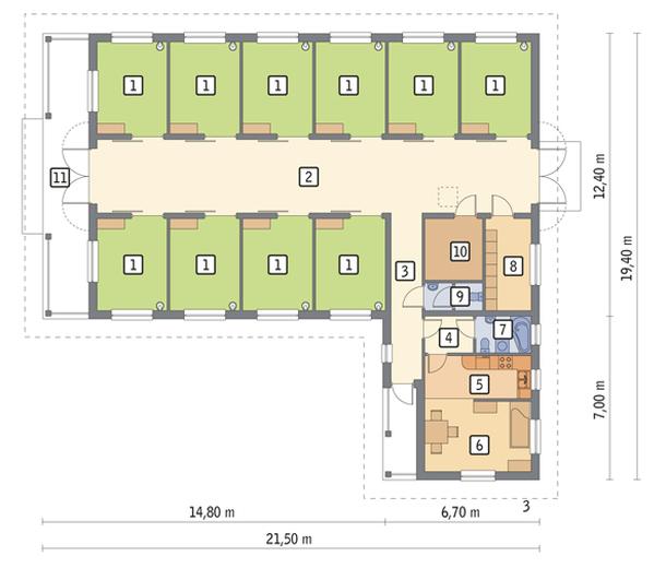 Stajnia dla 10 koni z częścią mieszkalną - rekreacyjną SC06