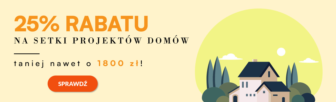 Na grafice znajduje się ilustracja domu na tle jasnego nieba z drzewami i słońcem. Po lewej stronie umieszczono tekst promujący 